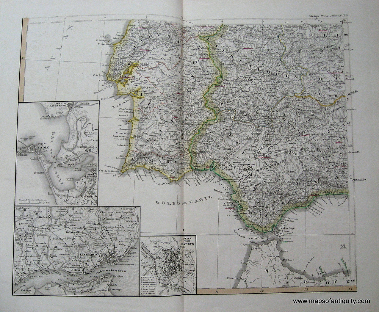 Antique-Hand-Colored-Map-Eintheiling-Spaniens.-Estremadura-Cordova-Sevilla.-Eintheilung-Portugals-Alentejo-Algarve.--Spain-and-Portugal-circa-1852-Stieler-Maps-Of-Antiquity