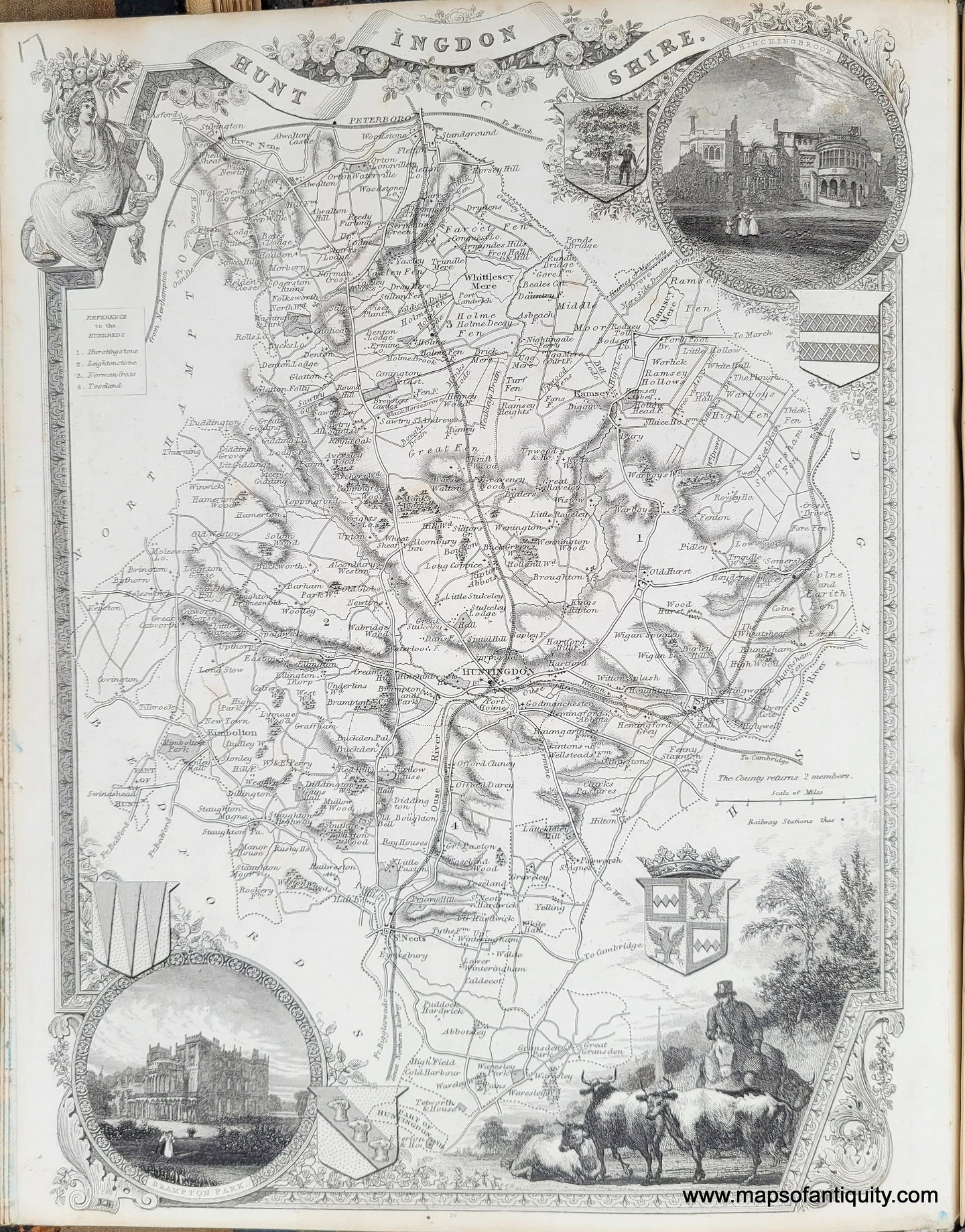 Genuine-Antique-Map-Huntingdonshire-1850-Virtue-Maps-Of-Antiquity