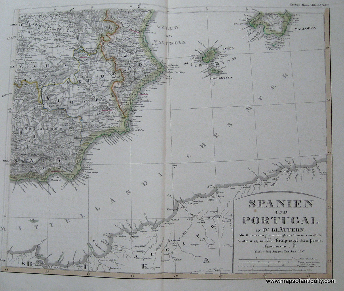 Antique-Hand-Colored-Map-Spain-and-Portugal---Spanien-und-Portugal-in-IV-Blattern-mit-Benutzung-von-Berghaus-Karte-von-1829.-Eintheiling-Spaniens.-Valencia-Murcia-Iviza-Mallorca.-Europe-Spain-and-Portugal-circa-1852-Stieler-Maps-Of-Antiquity