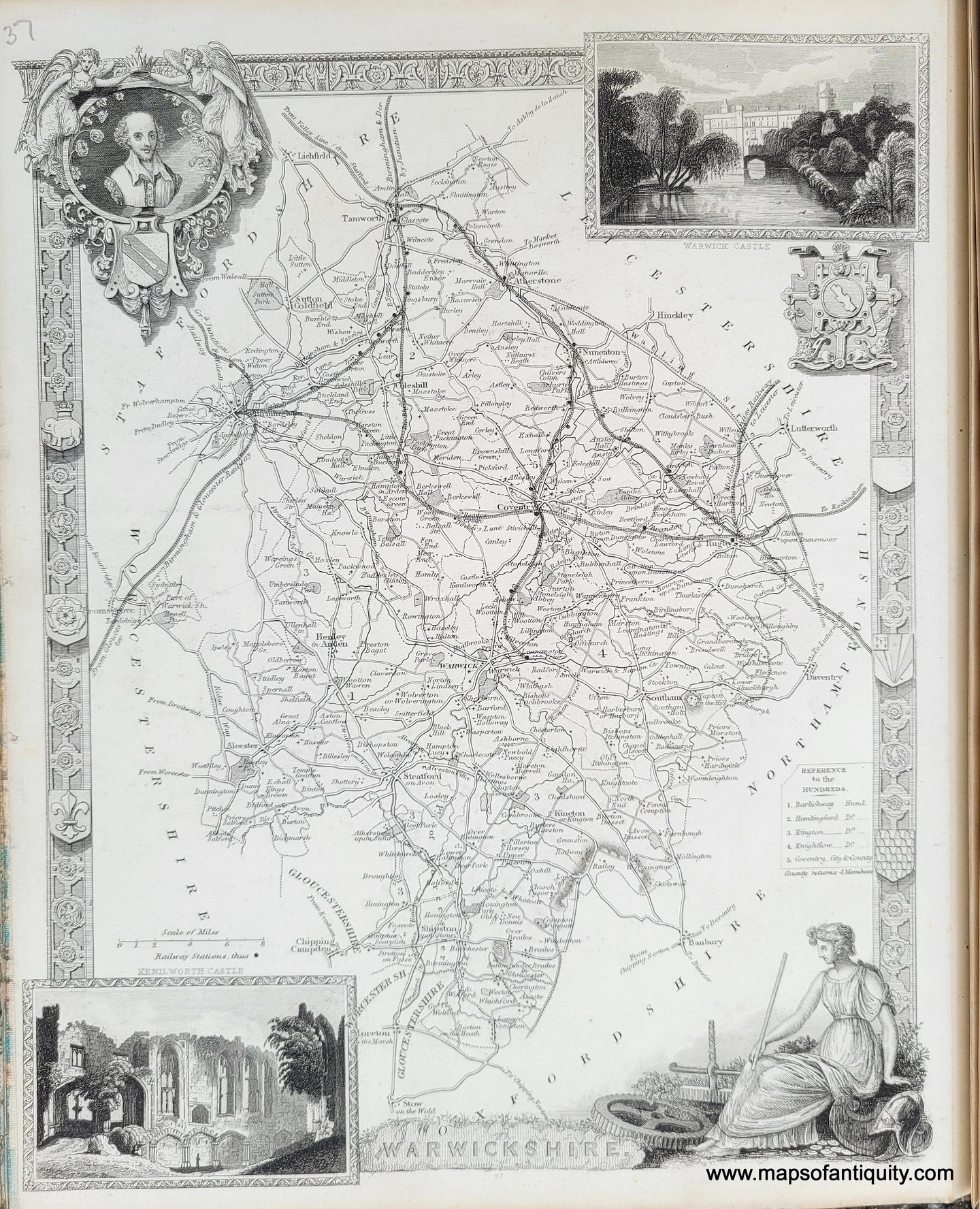 Genuine-Antique-Map-Warwickshire-1850-Virtue-Maps-Of-Antiquity