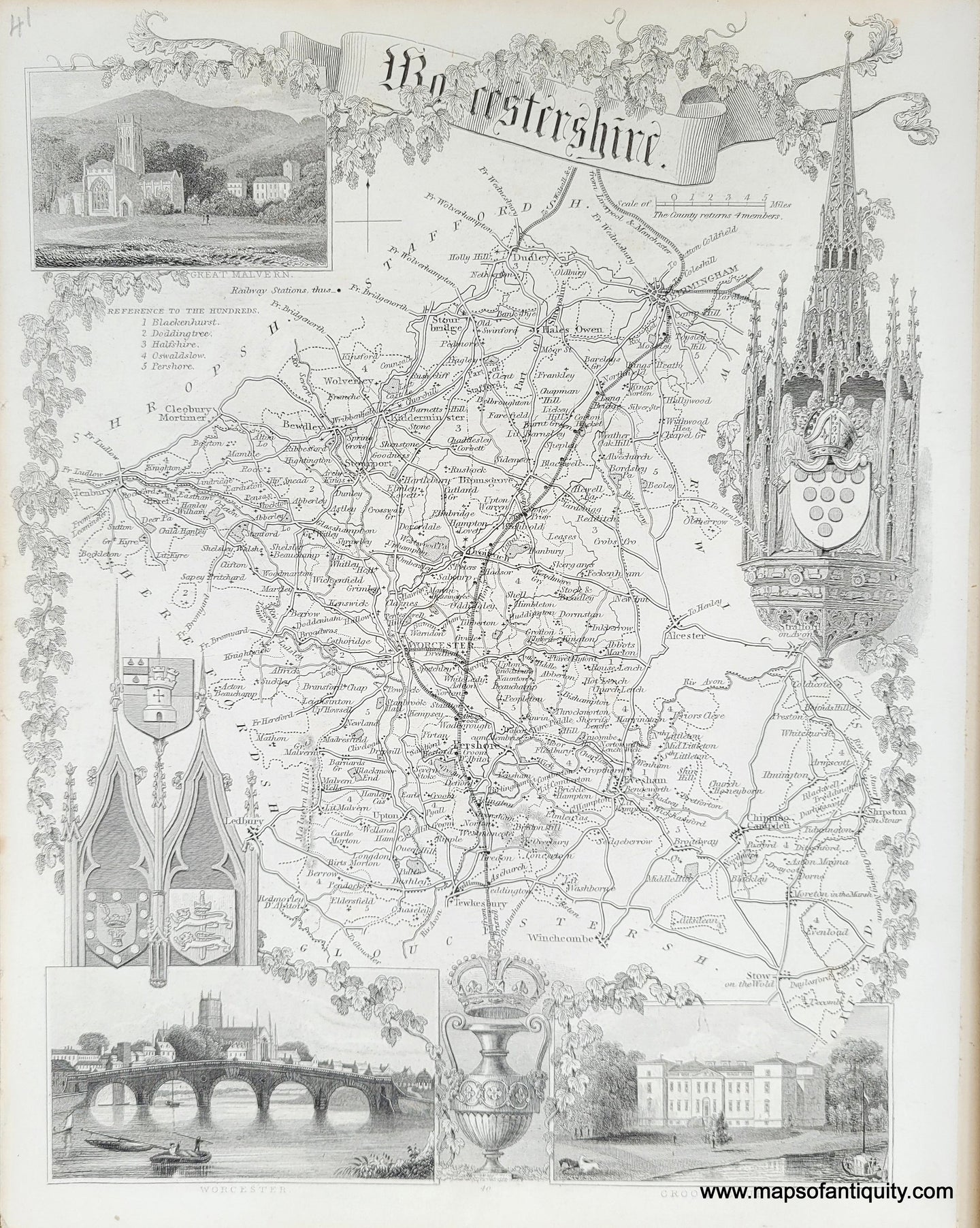Genuine-Antique-Map-Worcestershire-1850-Virtue-Maps-Of-Antiquity