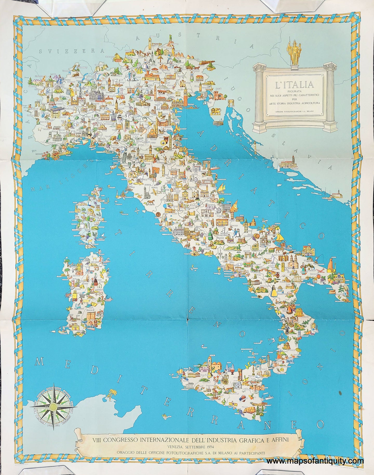 Genuine-Vintage-Antique-Map-Italy-L-Italia-Figurata-nei-suoi-Aspetti-piu-Caratteristici-per-Arte-Storia-Industria-Agricoltura-1954-Officine-Fotolitografiche-S-A--Milano-Maps-Of-Antiquity