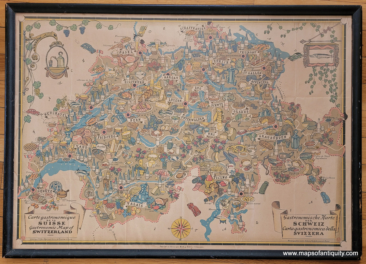 Genuine-Antique-Framed-Map-Carte-Gastronomique-de-la-Suisse-Gastronomic-Map-of-Switzerland-1939-Office-National-Suisse-du-Tourisme-a-Zurich-Maps-Of-Antiquity