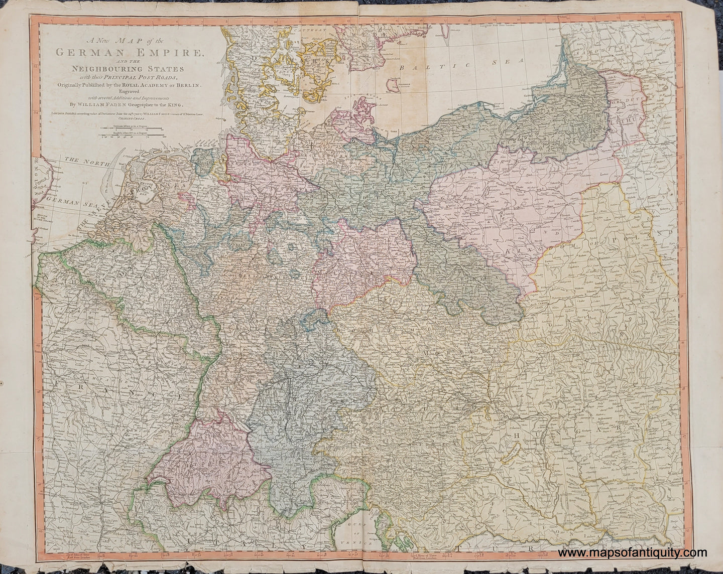 Genuine-Antique-Map-A-New-Map-of-the-German-Empire-and-the-Neighbouring-States-with-their-Principal-Post-Roads…-1788-William-Faden-Maps-Of-Antiquity