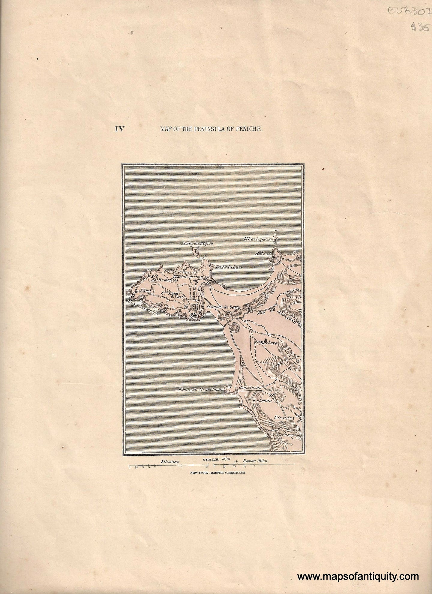 Genuine-Antique-Map-Map-of-the-Peninsula-of-Peniche-Portugal--1865-Harper-Brothers-Maps-Of-Antiquity