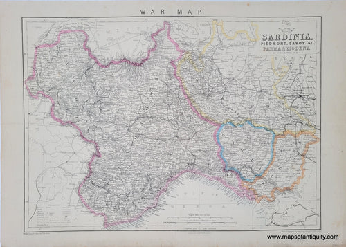 Genuine-Antique-Hand-colored-Map-War-Map-Sardinia-Piedmont-Savoy--c-Parma-Modena--1866-Dower-Maps-Of-Antiquity