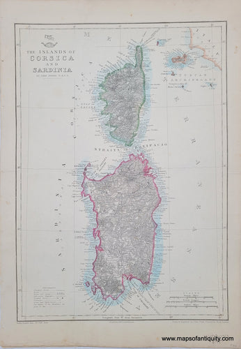 Genuine-Antique-Hand-colored-Map-The-Islands-of-Corsica-and-Sardinia-1866-Dower-Maps-Of-Antiquity