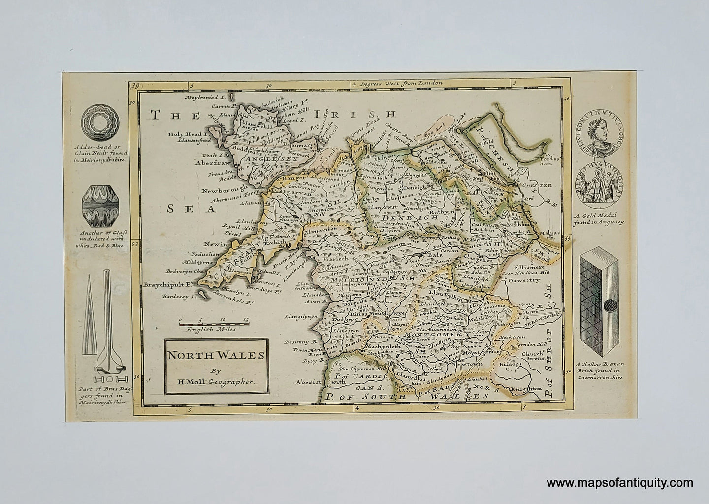 Genuine-Antique-Map-North-Wales-1724-Moll-Maps-Of-Antiquity