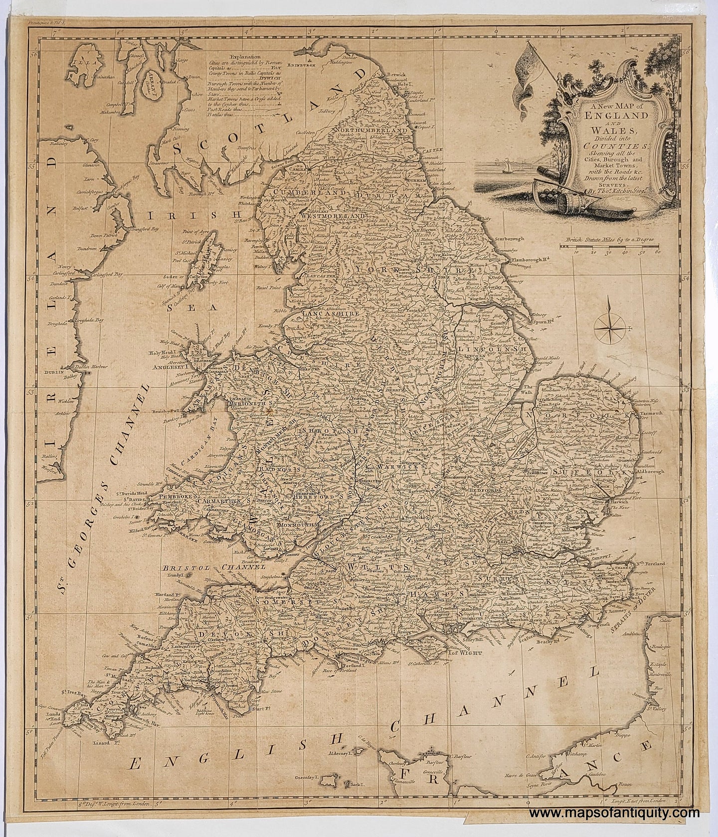Genuine-Antique-Map-A-New-Map-of-England-and-Wales-Divided-into-Counties-shewing-all-the-Cities-Burough-and-Market-Towns-with-the-Roads--1770-Kitchin-Maps-Of-Antiquity
