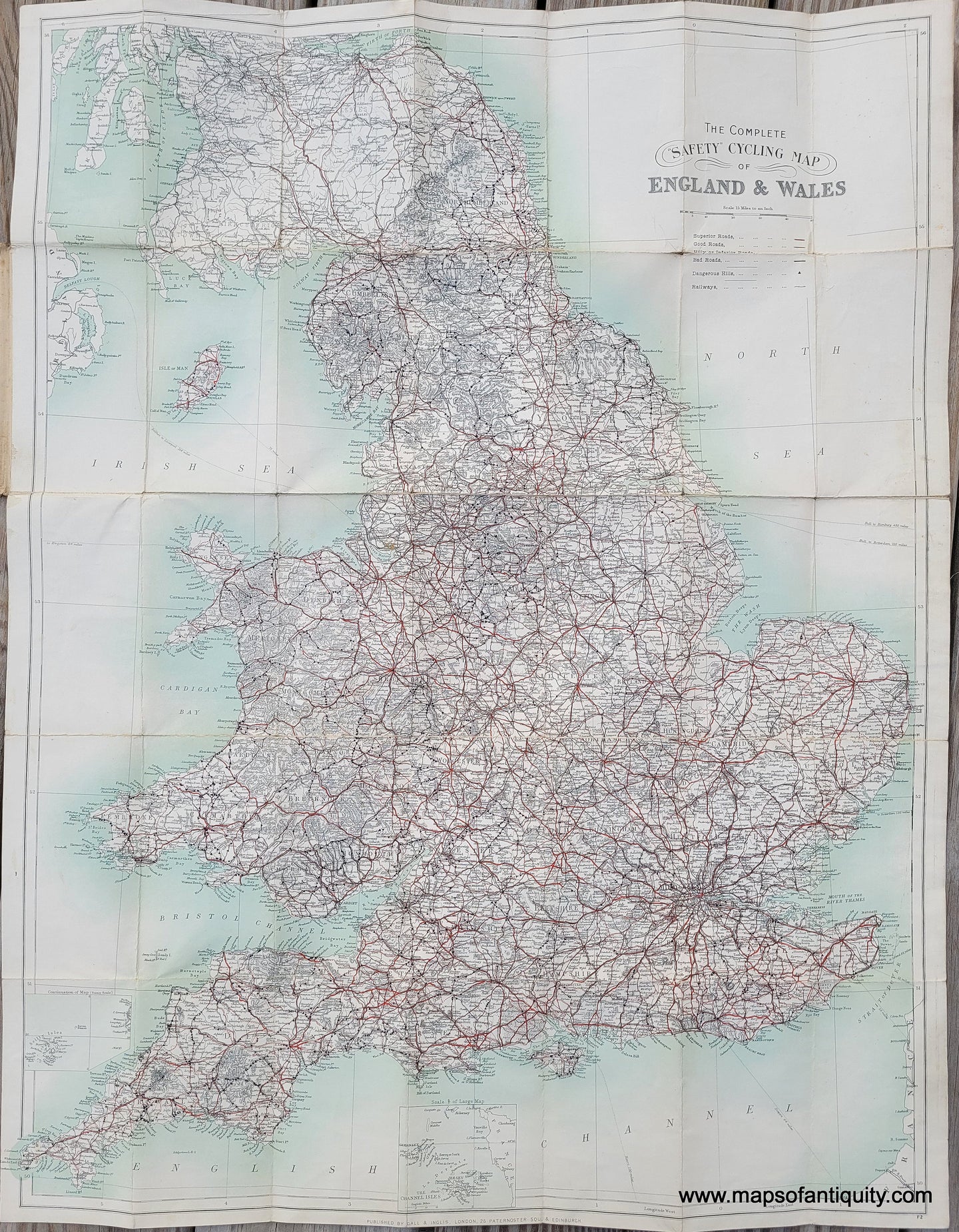 Genuine-Antique-Folding-Map-The-Complete-Safety-Cycling-Map-of-England-Wales-1905-Galls-Inglis-Maps-Of-Antiquity