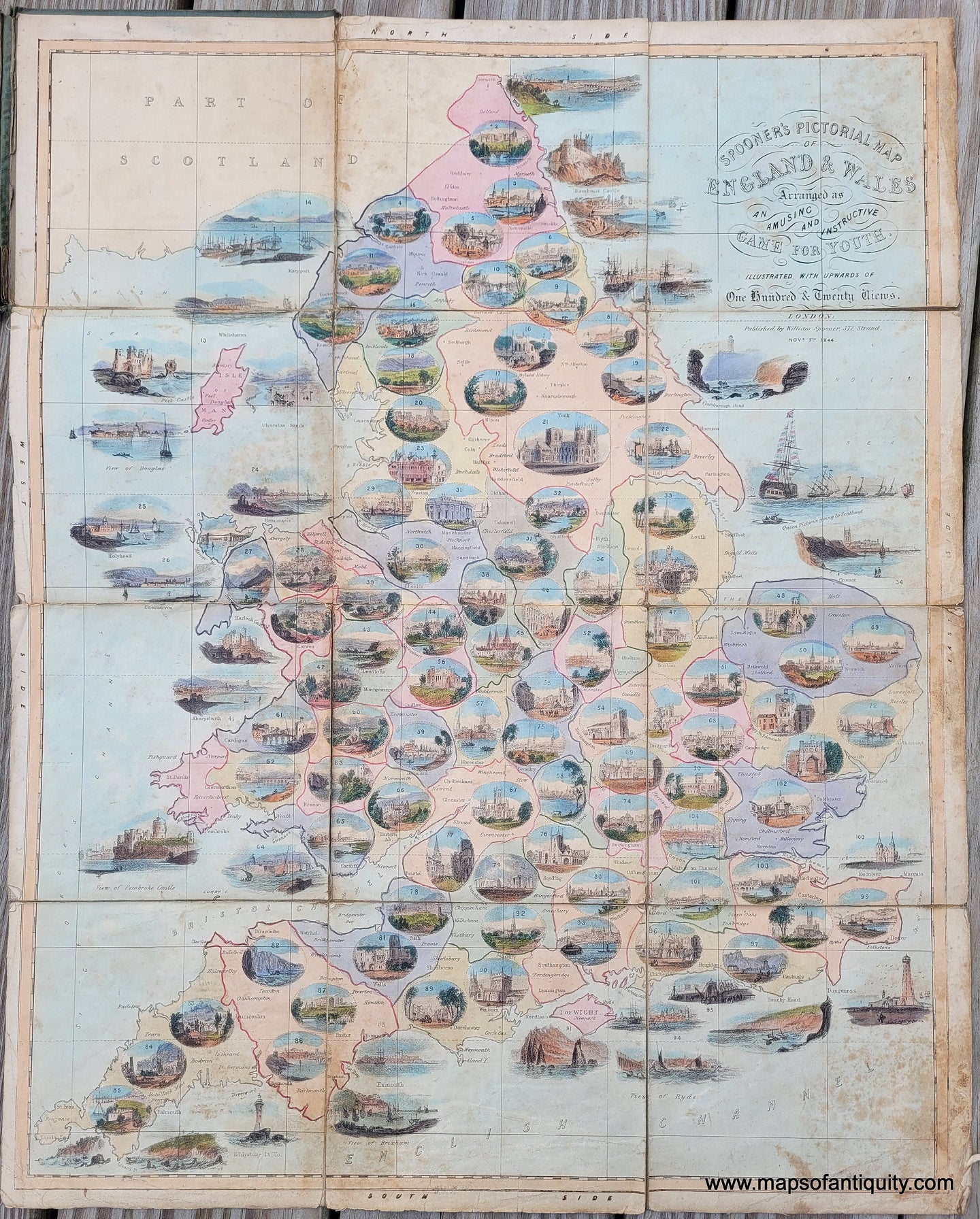 Genuine-Antique-Folding-Map-Spooners-Pictorial-Map-of-England-Wales-Arranged-as-an-Amusing-and-Instructive-Game-for-Youth-Illustrated-with-Upwards-of-One-Hundred-Twenty-Views--1844-William-Spooner-Maps-Of-Antiquity