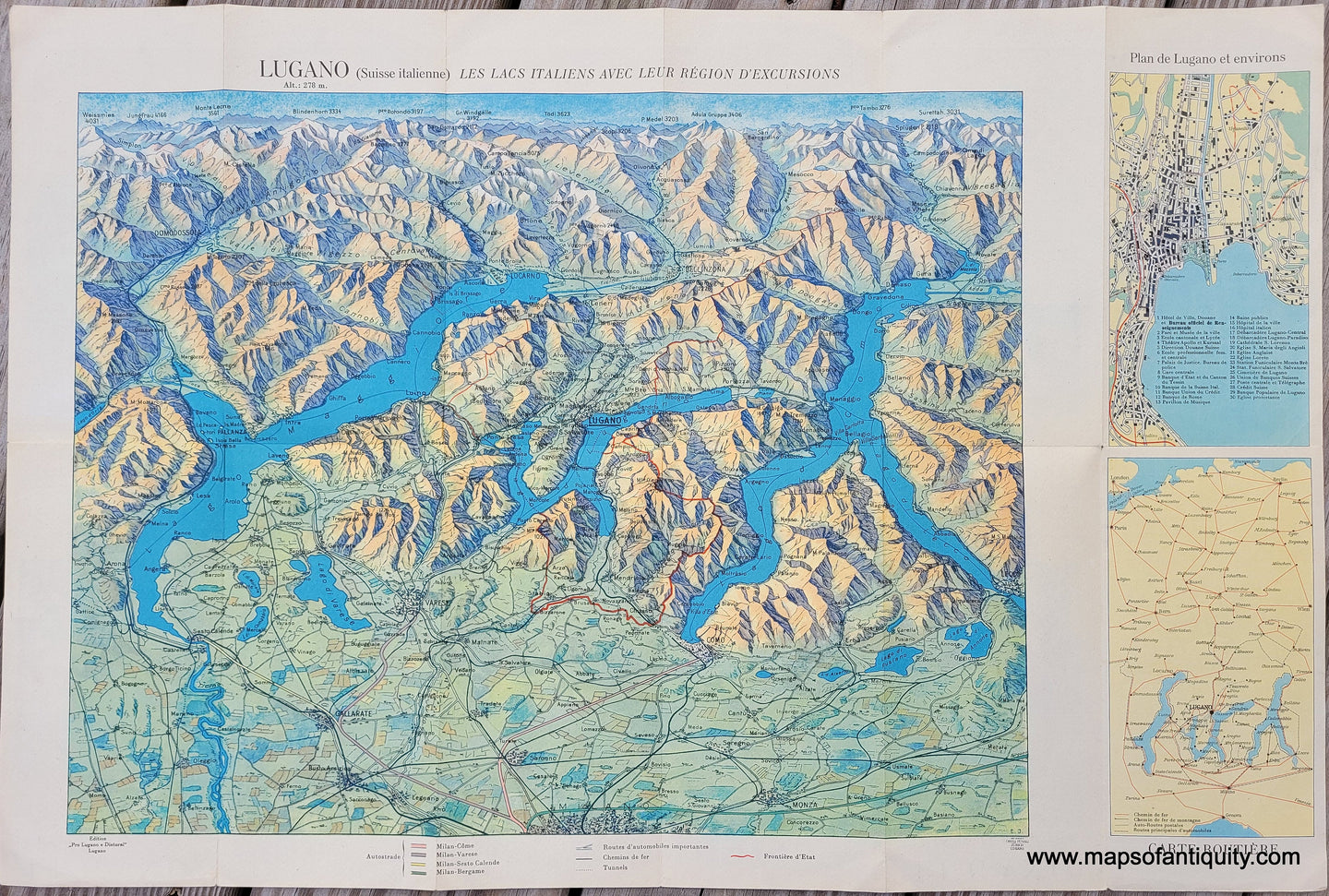 Genuine-Antique-Map-Lugano-Suisse-italienne-Les-Lacs-Italiens-avec-Leur-Region-dExcursions-Italy-and-Switzerland--1920s-Orell-Fussli-Maps-Of-Antiquity