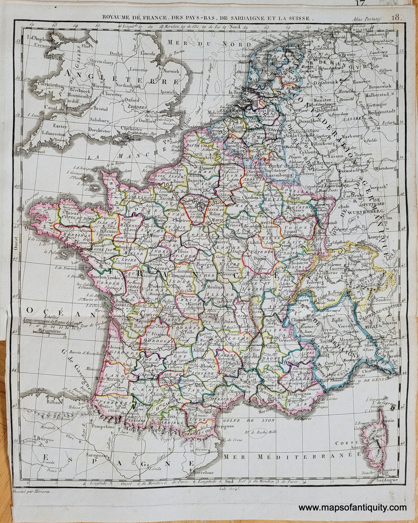 Genuine-Antique-Map-Kingdom-of-France-The-Netherlands-Sardinia-and-Switzerland-France-Holland-The-Netherlands-1816-Herisson-Maps-Of-Antiquity-1800s-19th-century