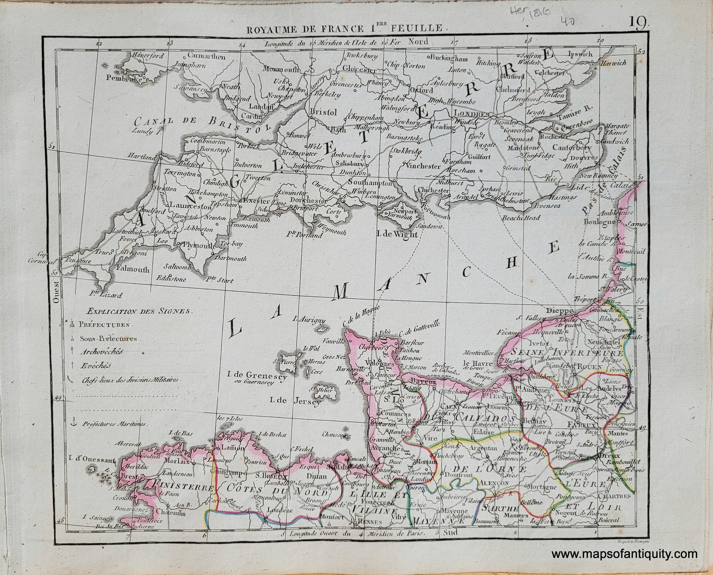 Genuine-Antique-Map-France-in-6-sheets-Sheet-1-Royaume-de-France-1ere-Feuille-France-1816-Herisson-Maps-Of-Antiquity-1800s-19th-century