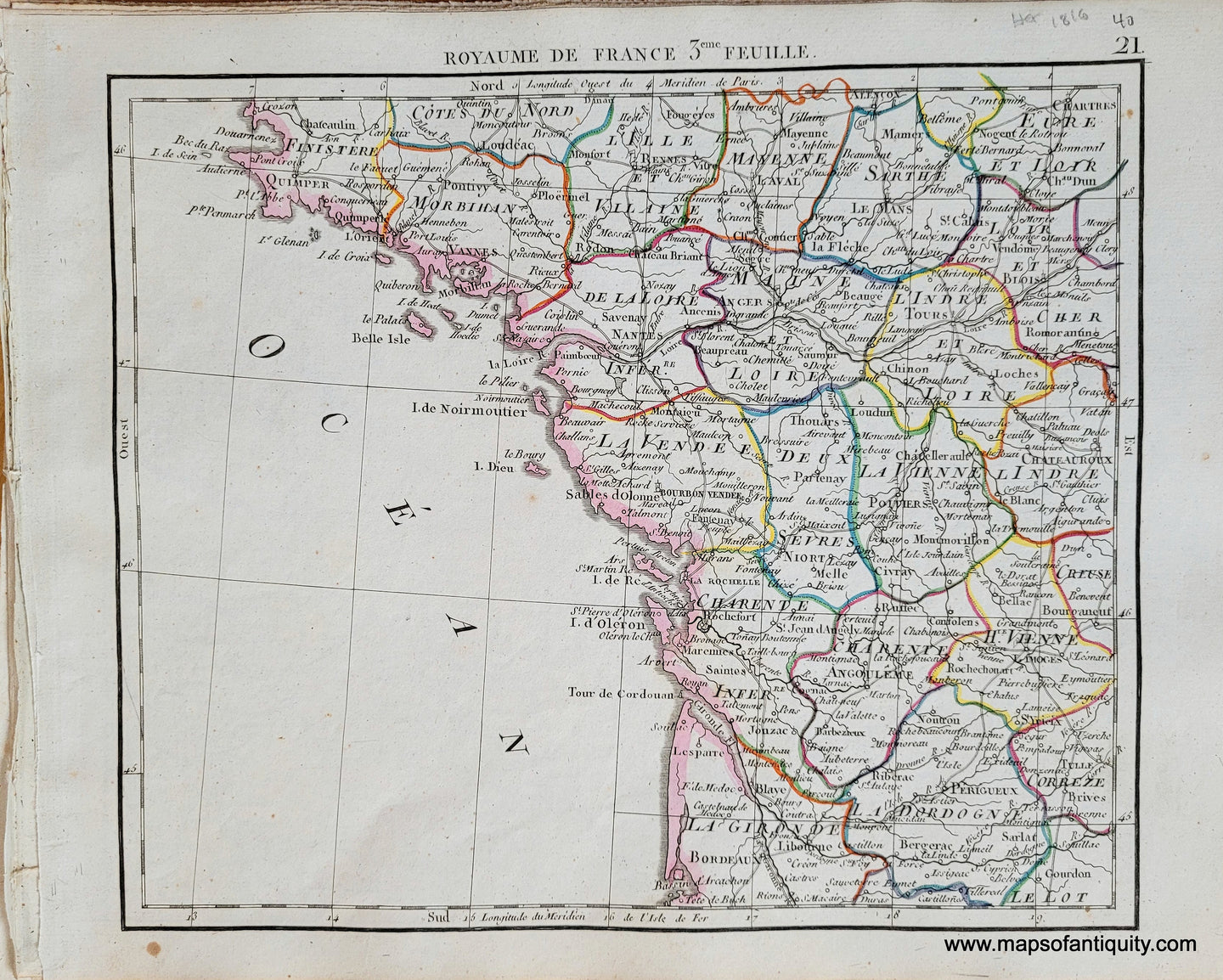Genuine-Antique-Map-France-in-6-sheets-Sheet-3-Royaume-de-France-3eme-Feuille-France-1816-Herisson-Maps-Of-Antiquity-1800s-19th-century