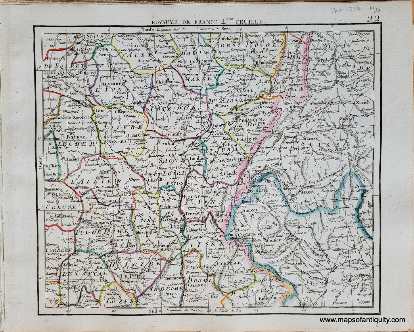 Genuine-Antique-Map-France-in-6-sheets-Sheet-4-Royaume-de-France-4eme-Feuille-France-1816-Herisson-Maps-Of-Antiquity-1800s-19th-century