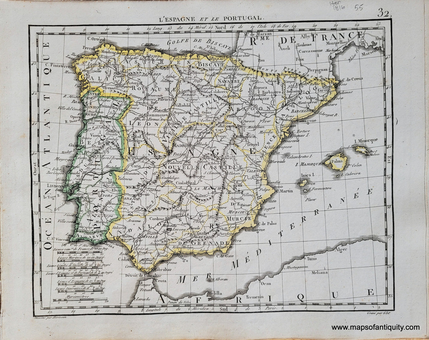 Genuine-Antique-Map-Spain-and-Portugal-LEspagne-et-le-Portugal-Spain-Portugal-1816-Herisson-Maps-Of-Antiquity-1800s-19th-century