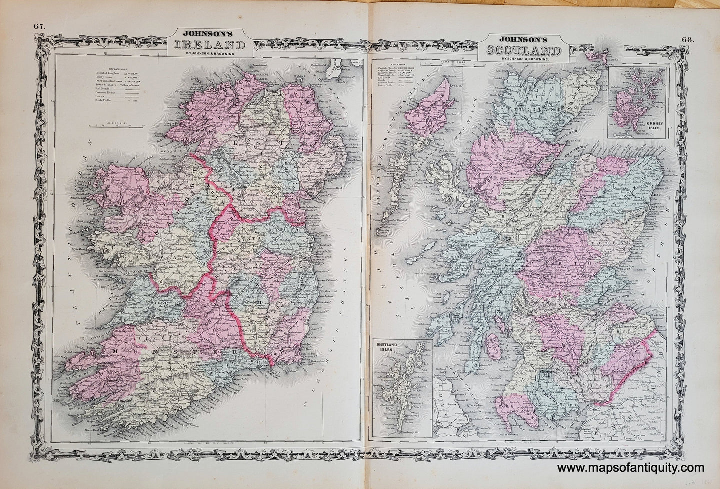 Genuine-Antique-Map-Johnsons-Ireland-Johnsons-Scotland-Ireland-Scotland-1861-Johnson-Browning-Maps-Of-Antiquity-1800s-19th-century