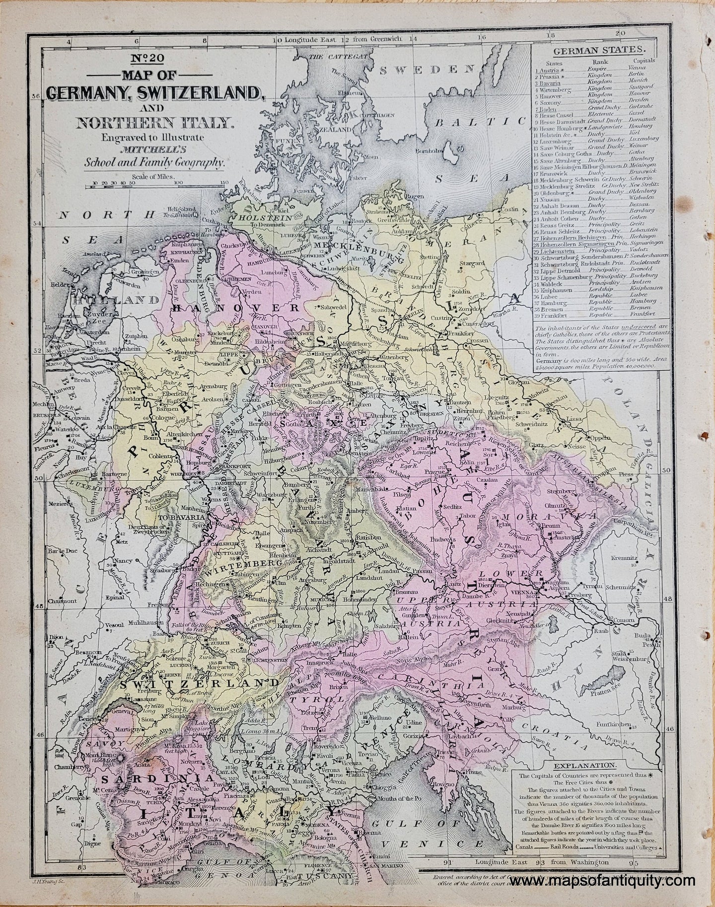 Genuine-Antique-Map-No-20-Map-of-Germany-Switzerland-and-Northern-Italy-Engraved-to-Illustrate-Mitchells-School-and-Family-Geography-Germany-Switzerland-Italy-1851-Mitchell-Maps-Of-Antiquity-1800s-19th-century