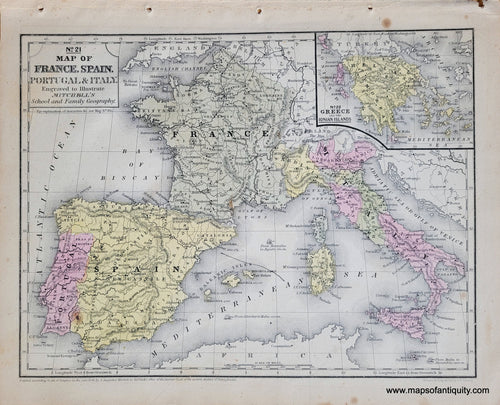 Genuine-Antique-Map-No-21-Map-of-France-Spain-Portugal-Italy-Engraved-to-Illustrate-Mitchells-School-and-Family-Geography-France-Spain-Portugal-Italy-1851-Mitchell-Maps-Of-Antiquity-1800s-19th-century