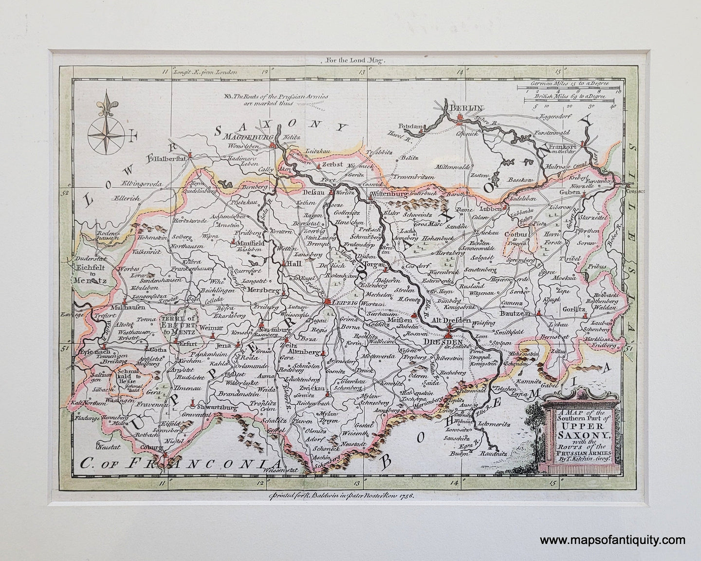 Genuine-Antique-Map-A-Map-of-the-Southern-Part-of-Upper-Saxony-with-the-Routs-of-the-Prussian-Armies-1756-Kitchin-London-Magazine-Maps-Of-Antiquity