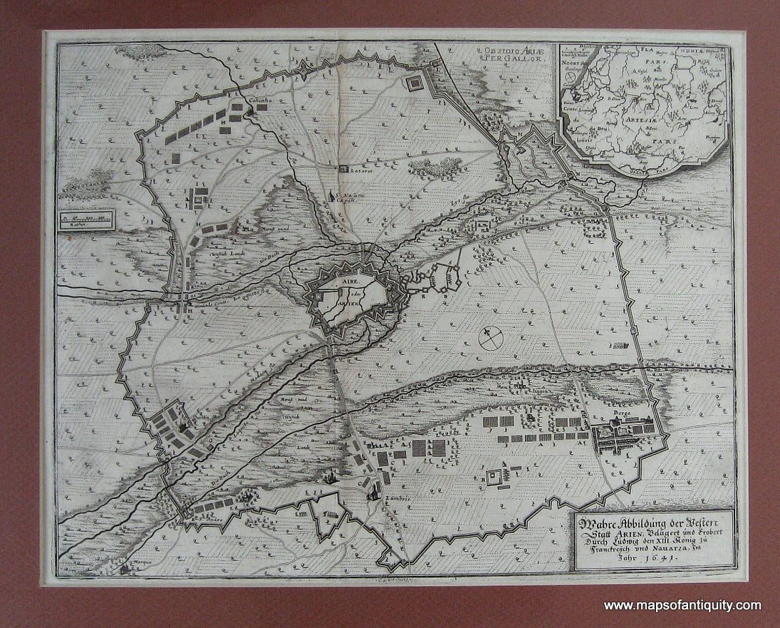 Black-and-White-Antique-Map-Wahre-Abbildung-der-vesten-Statt-ArienÃƒÂ¢Ã¢â€šÂ¬Ã‚Â¦-(Aire-sur-la-Lys-France)-Europe-France-c.-1650-Matthaus-Merian-Maps-Of-Antiquity