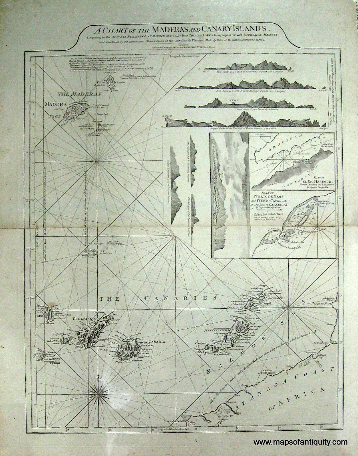 Black-and-White-Engraved-Antique--Nautical-Chart-A-Chart-of-the-Maderas-and-Canary-Islands-according-to-the-Surveys-Published-in-1780-by-Don-Thomas-Lope's-Geographer-to-His-Catholick-Majesty-****-Europe--1775-1801-Laurie-&-Whittle-Maps-Of-Antiquity