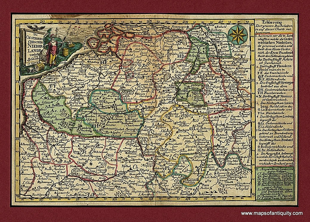 Antique-Hand-Colored-Map-Die-Oesterreichischen-Niederlande-Europe-Belgium-and-Holland-1744-Johann-George-Schreibern-Maps-Of-Antiquity