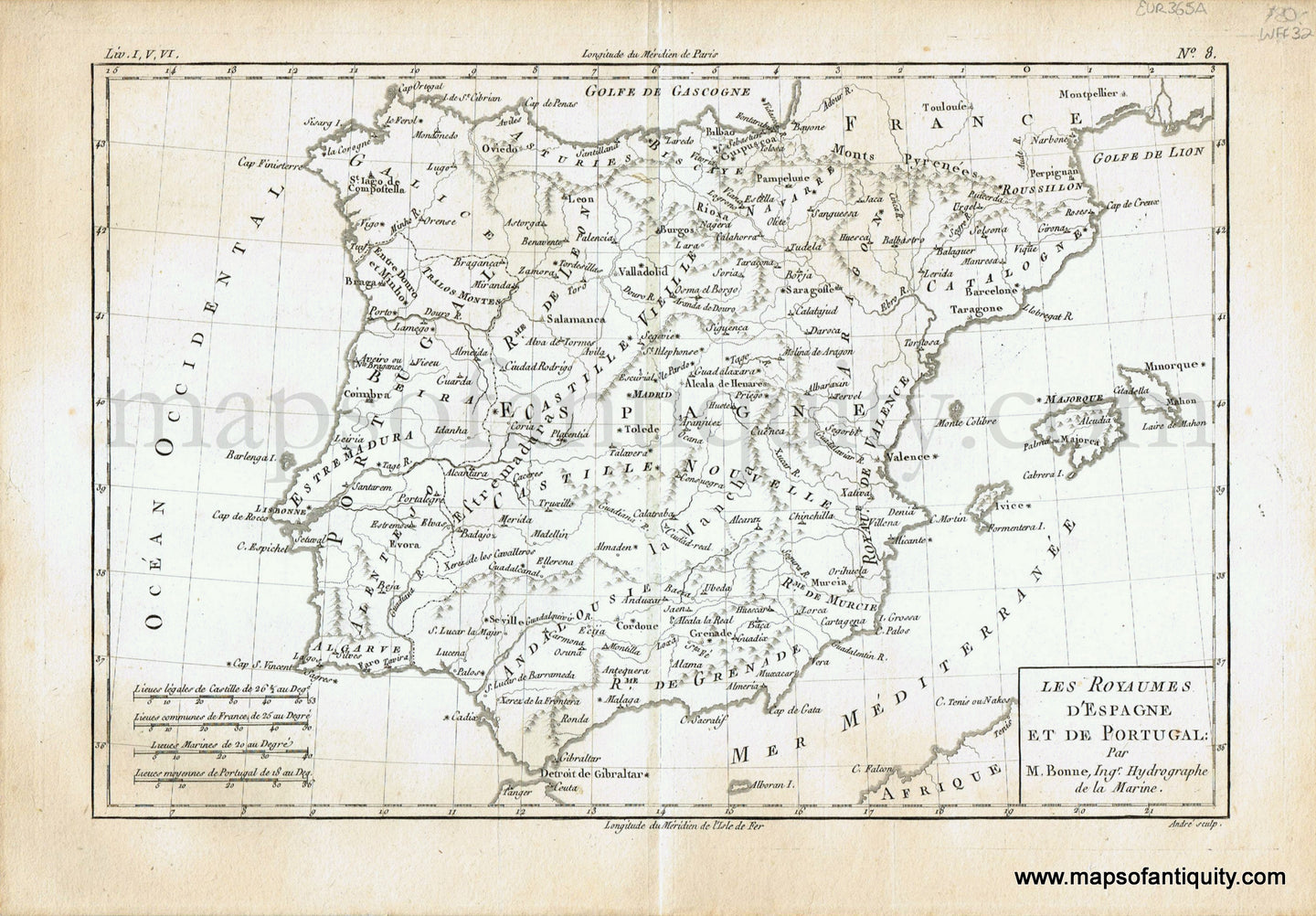 Hand-Colored-Engraved-Antique-Map-Les-Royaumes-d'Espagne-et-de-Portugal.-Europe-Spain-and-Portugal-1780-Raynal-and-Bonne-Maps-Of-Antiquity