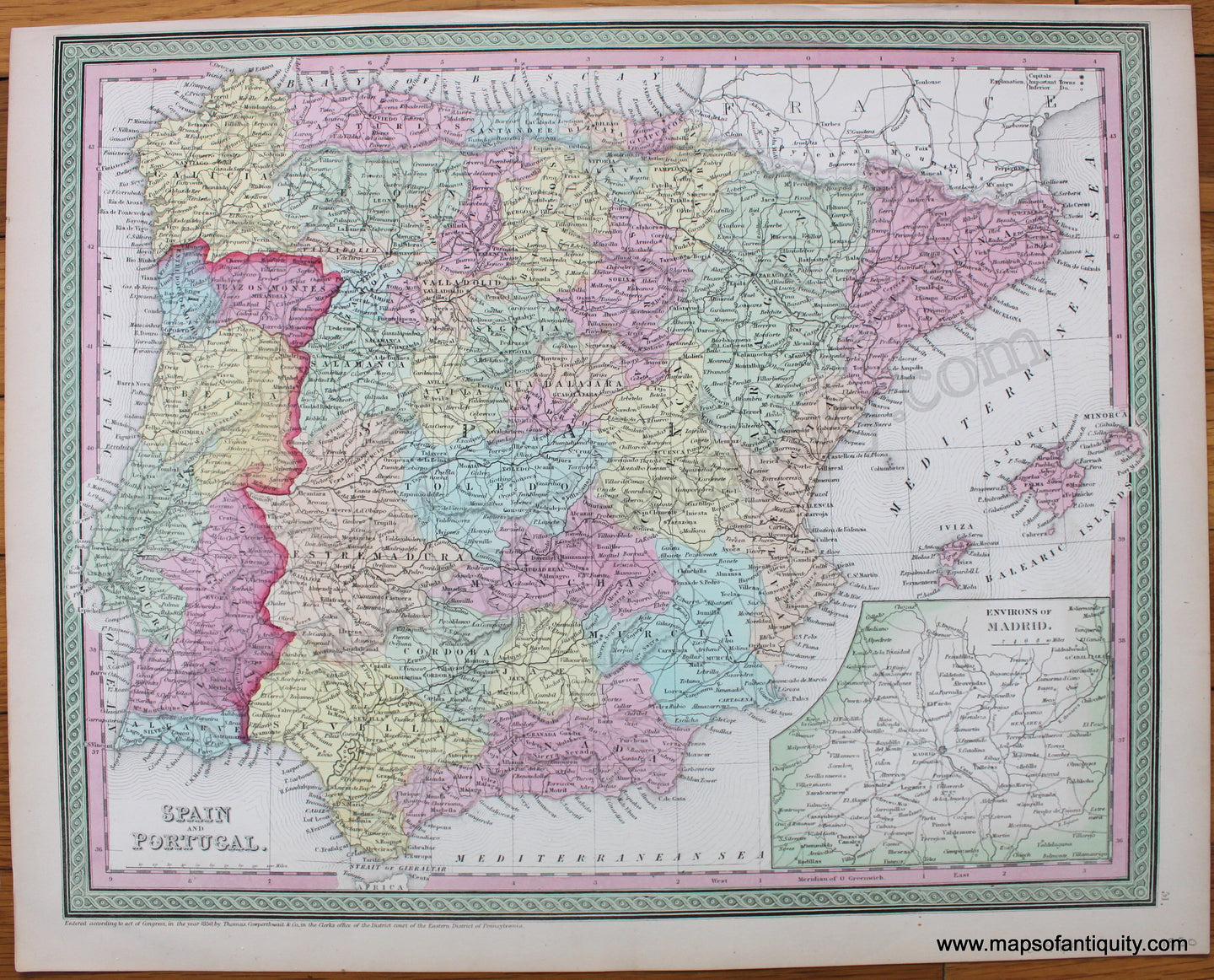 Antique-Hand-Colored-Map-Spain-and-Portugal.--Europe-Spain-and-Portugal-1854-Mitchell/Cowperthwait-Desilver-&-Butler-Maps-Of-Antiquity