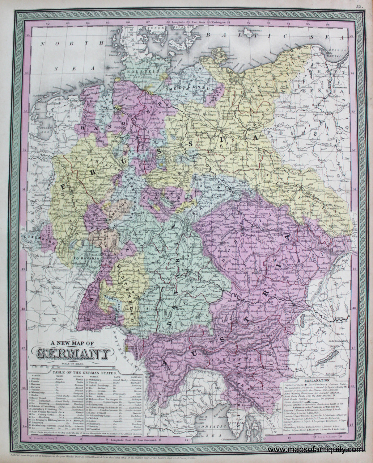 Antique-Hand-Colored-Map-A-New-Map-of-Germany.-******-Europe-Germany-1854-Mitchell/Cowperthwait-Desilver-&-Butler-Maps-Of-Antiquity