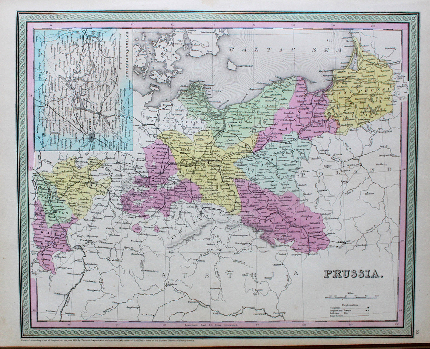 Antique-Hand-Colored-Map-Prussia.-Europe-Prussia-1854-Mitchell/Cowperthwait-Desilver-&-Butler-Maps-Of-Antiquity