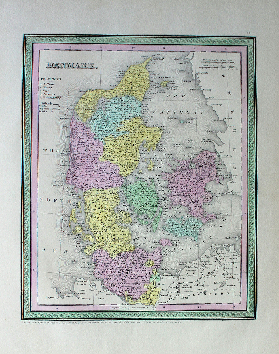 Antique-Hand-Colored-Map-Denmark.-Europe-Scandinavia-1854-Mitchell/Cowperthwait-Desilver-&-Butler-Maps-Of-Antiquity