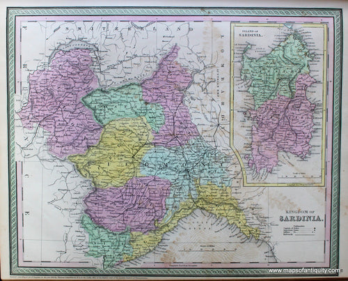 Antique-Hand-Colored-Map-Kingdom-of-Sardinia.--Europe-Italy-1854-Mitchell/Cowperthwait-Desilver-&-Butler-Maps-Of-Antiquity