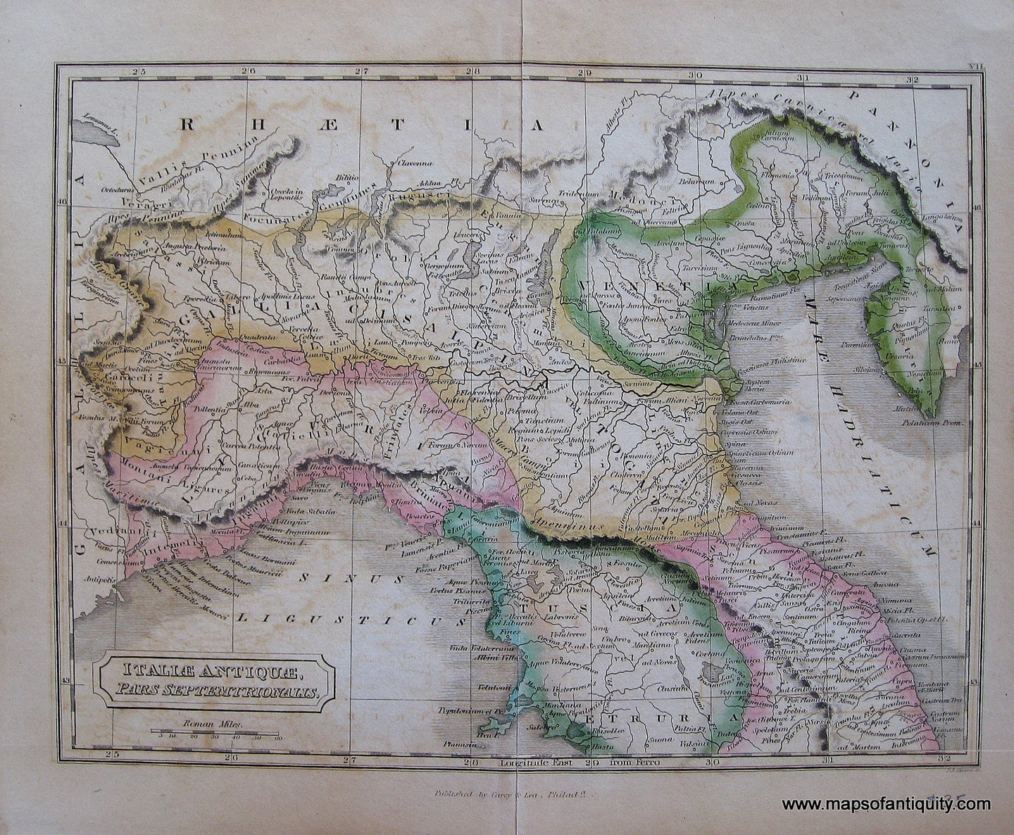 Antique-Hand-Colored-Map-Italie-Antiquae.-Pars-Septemprionalis.-Europe-Italy-1840-Carey-&-Lea-Maps-Of-Antiquity