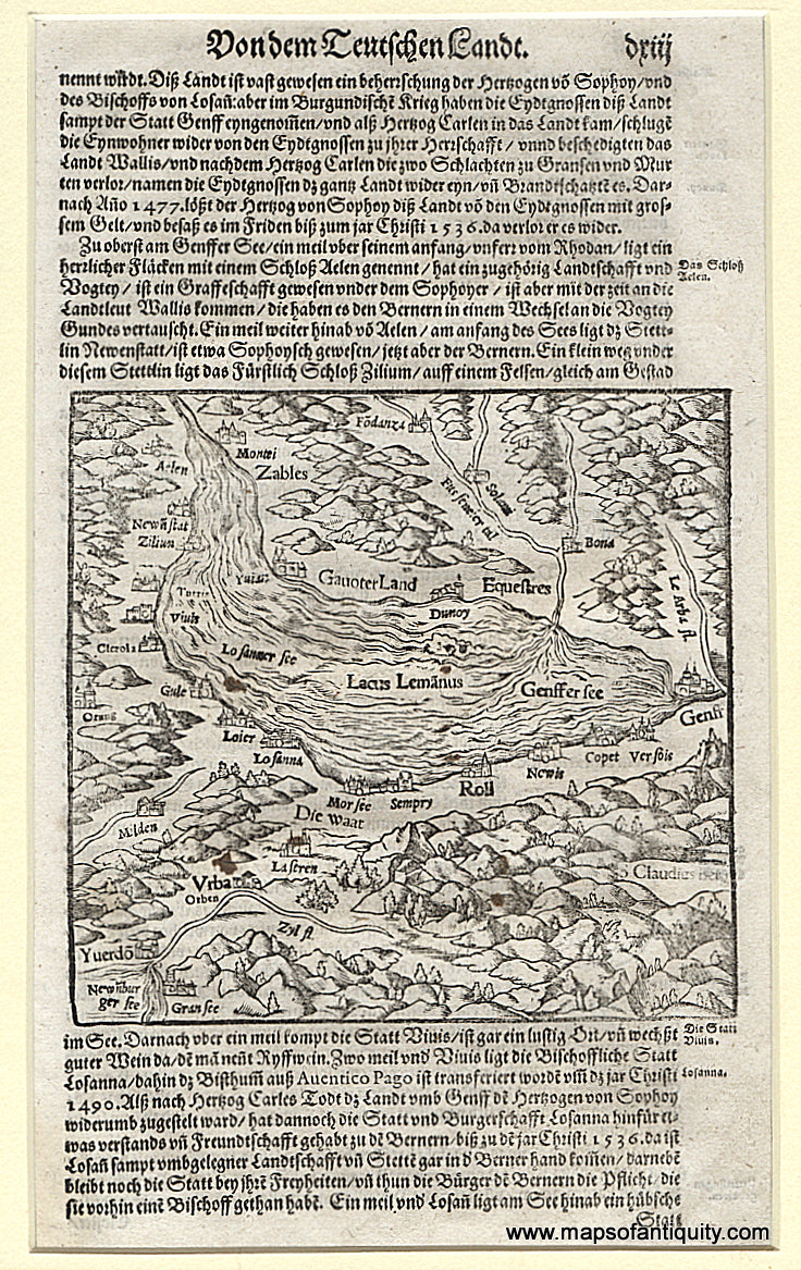 Black-and-White-Antique-Map-with-Text-Von-dem-Teutschen-Lande-Lake-Geneva-Switzerland-Europe-Switzerland-1590-Sebastian-Munster-Maps-Of-Antiquity