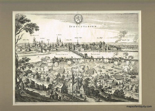 Black-and-White-Engraved-Antique-Illustrated-Bird's-Eye-View-City-Plan-Ingolstadium-Ingolstadt-Germany-**********-Europe-Germany-1700-Bodenehr-Maps-Of-Antiquity