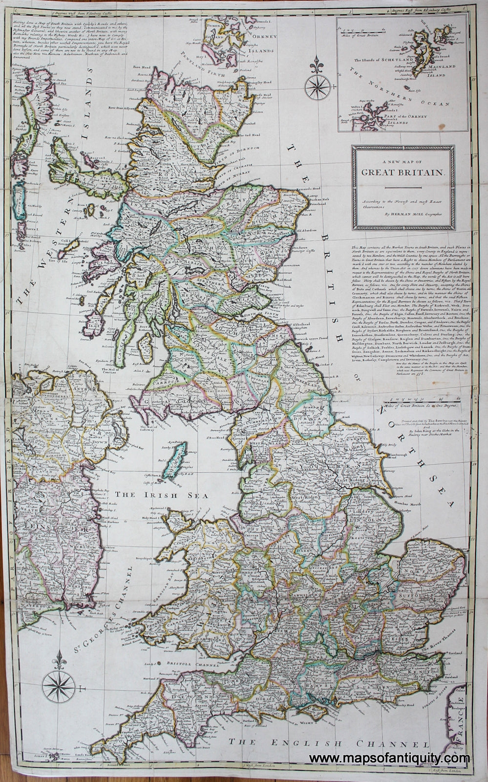 Antique-Hand-Colored-Map-A-New-Map-of-Great-Britain-United-Kingdom-England-1732-Hermann-Moll-Maps-Of-Antiquity