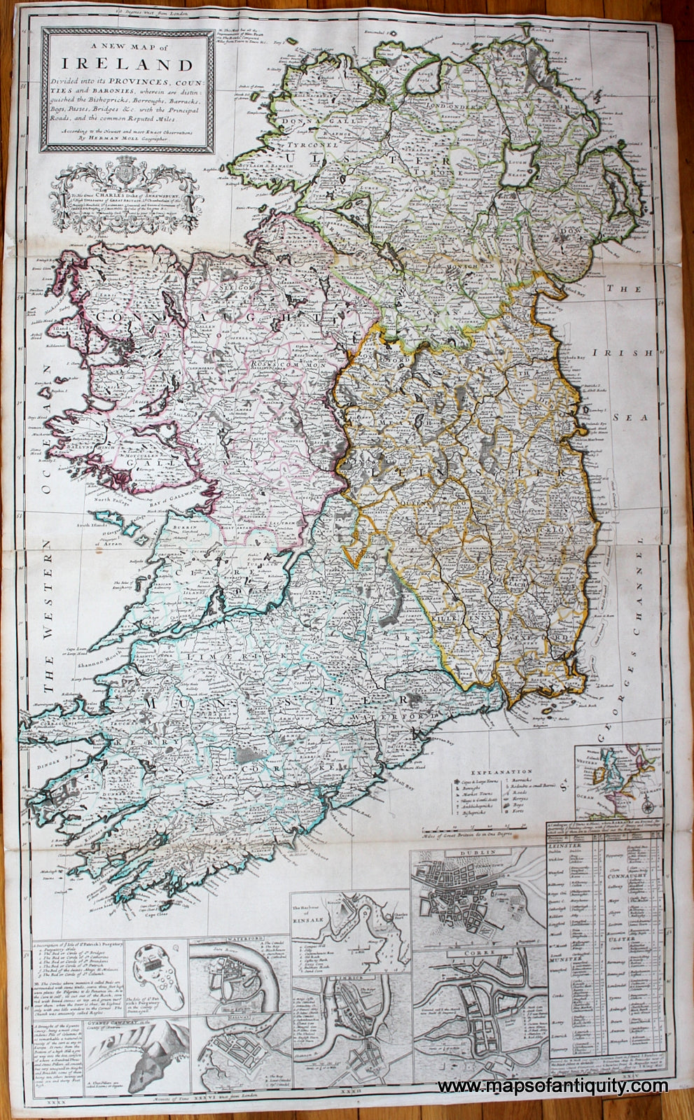 Antique-Hand-Colored-Map-A-New-Map-of-Ireland**********-Ireland--1714-Hermann-Moll-Maps-Of-Antiquity