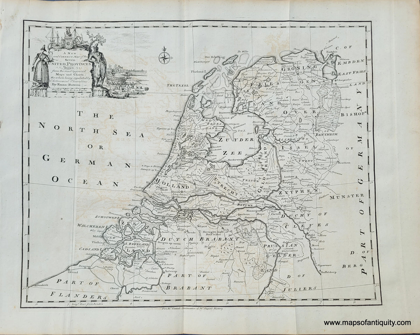 Black-and-White-Antique-Map-A-New-and-Correct-Map-of-the-Seven-United-Provinces-Drawn-from-the-most-approved-Maps-and-Charts:-the-whole-thing-being-regulated-by-Astronomical-Observations-by-Eman.-Bowen.-Europe-Holland-1745-Tindal/Rapin-Maps-Of-Antiquity