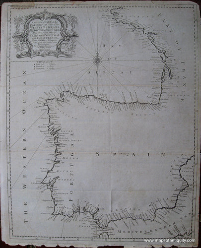 Black-and-White-Engraved-Antique--Nautical-Chart-A-Correct-Chart-of-the-Bay-of-Biscay-Part-of-the-Western-Ocean-&-Mediterranean-Sea-Describing-the-Coasts-of-Spain-and-Portugal-with-Part-of-France-from-Morlaix-to-Valencia.-********-Europe-Spain-1745-Tindal/Rapin-Maps-Of-Antiquity