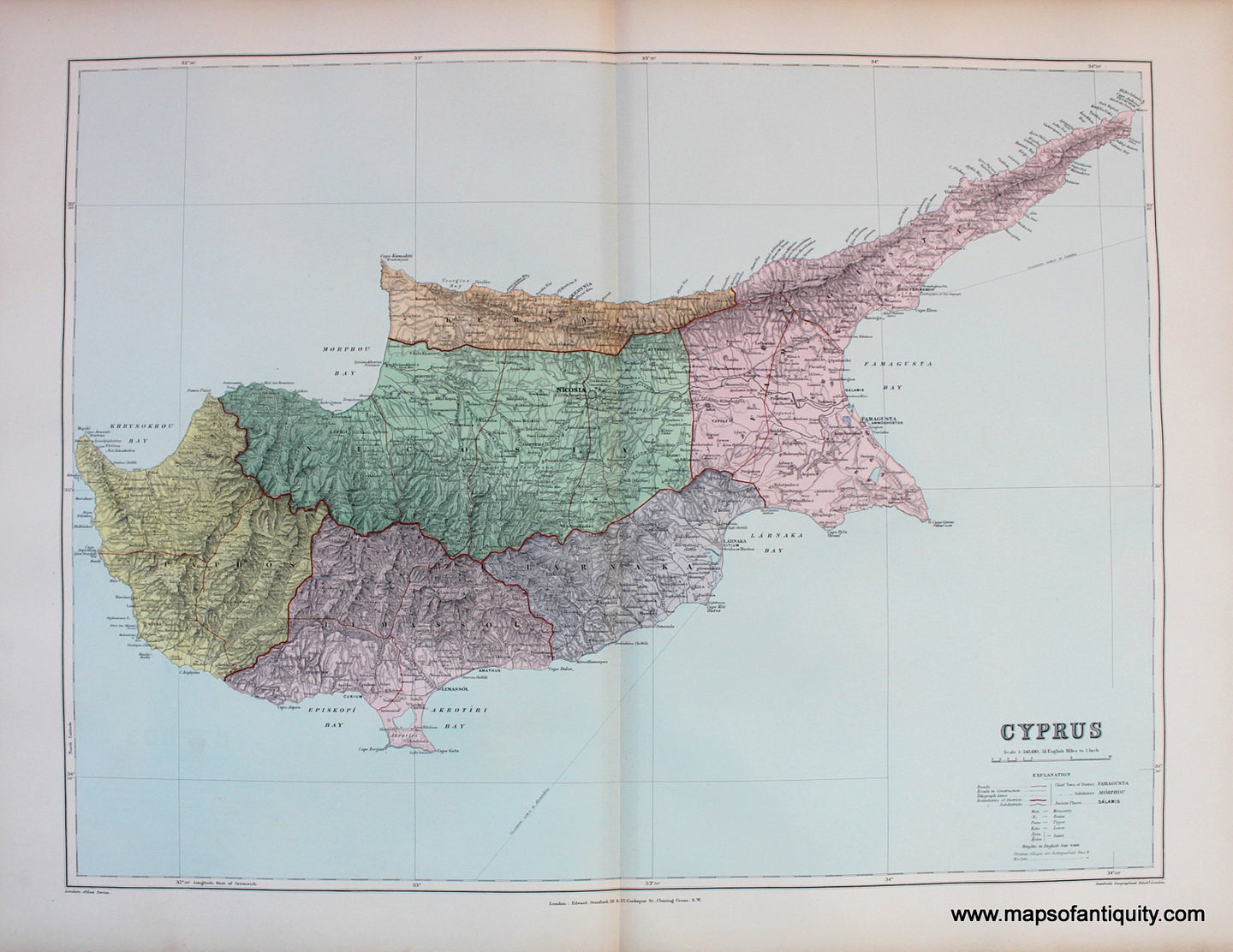 Antique-Printed-Color-Map-Cyprus--******-Europe-Greece-1894-Stanford-Maps-Of-Antiquity