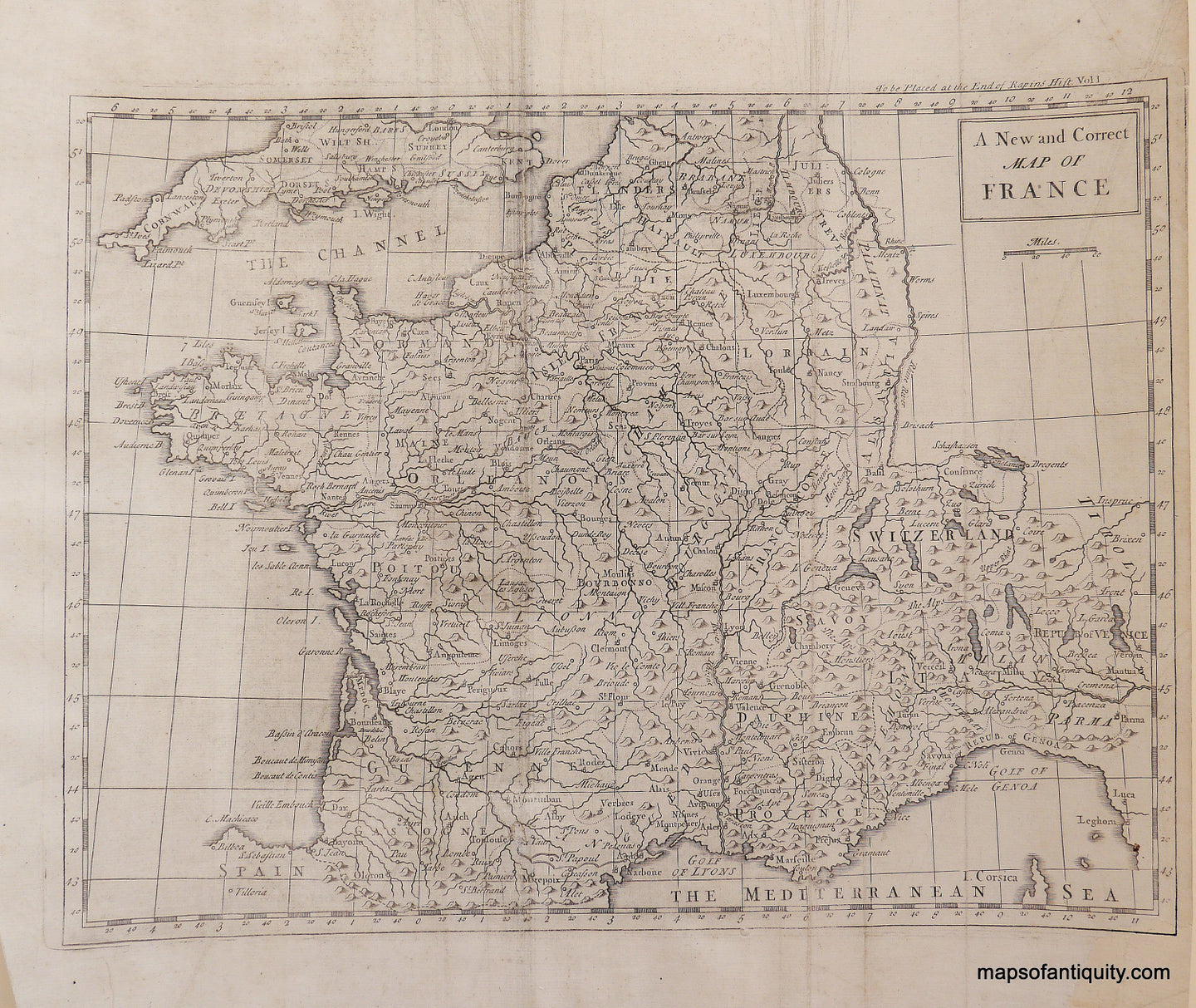 Black-and-White-Antique-Map-A-New-and-Correct-Map-of-France-Europe-France-1745-Rapin-Maps-Of-Antiquity