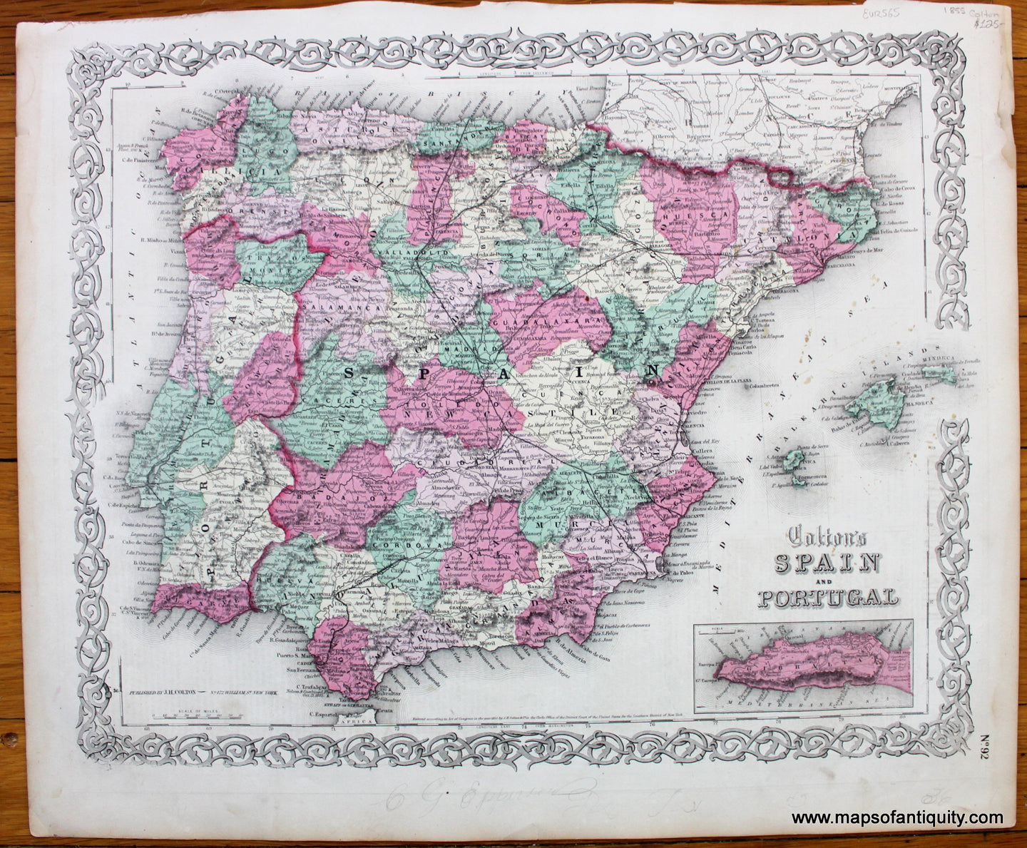 Antique-Hand-Colored-Map-Colton's-Spain-and-Portugal-Europe-Spain-and-Portugal-1855-Colton-Maps-Of-Antiquity