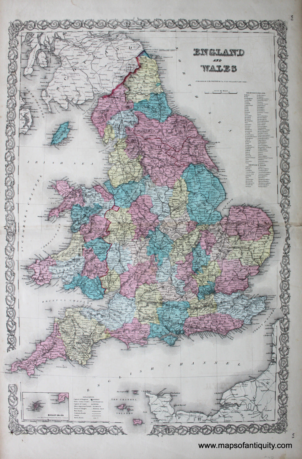 Antique-Hand-Colored-Map-England-and-Wales-Europe-England-1855-Colton-Maps-Of-Antiquity