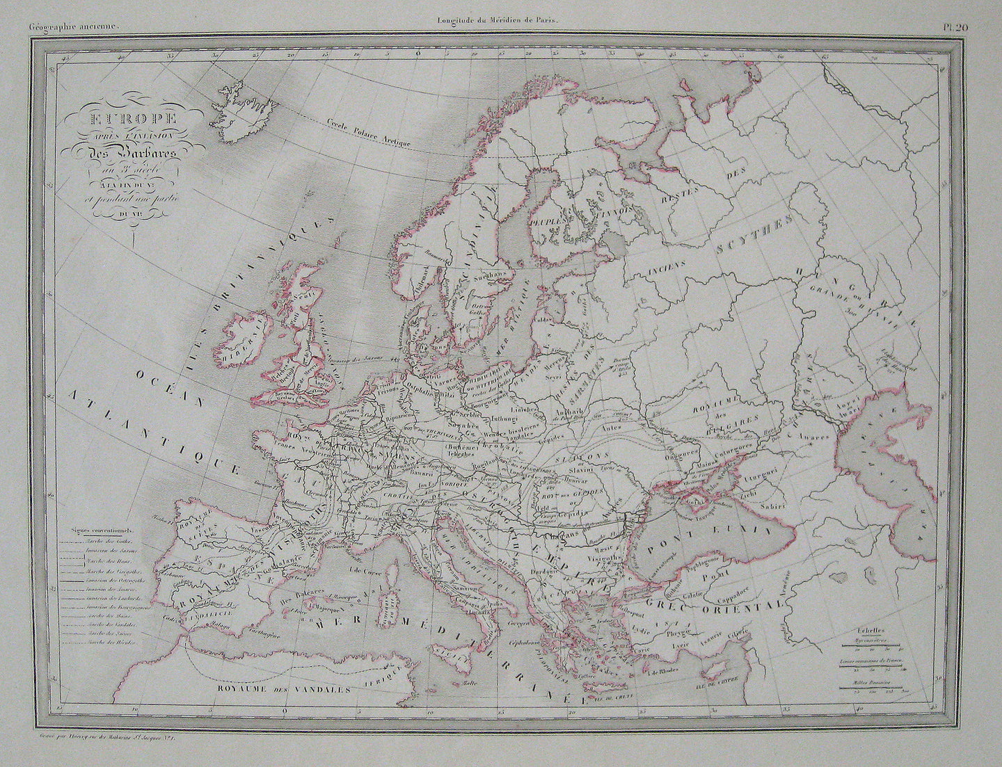 Antique-Hand-Colored-Map-L'Europe-apres-l'Invasion-des-Barbares-au-3-Siecle-a-la-fin-du-V-Siecle-et-pendant-une-partie-du-VI-Siecle.-Europe--1842-Malte-Brun-Maps-Of-Antiquity