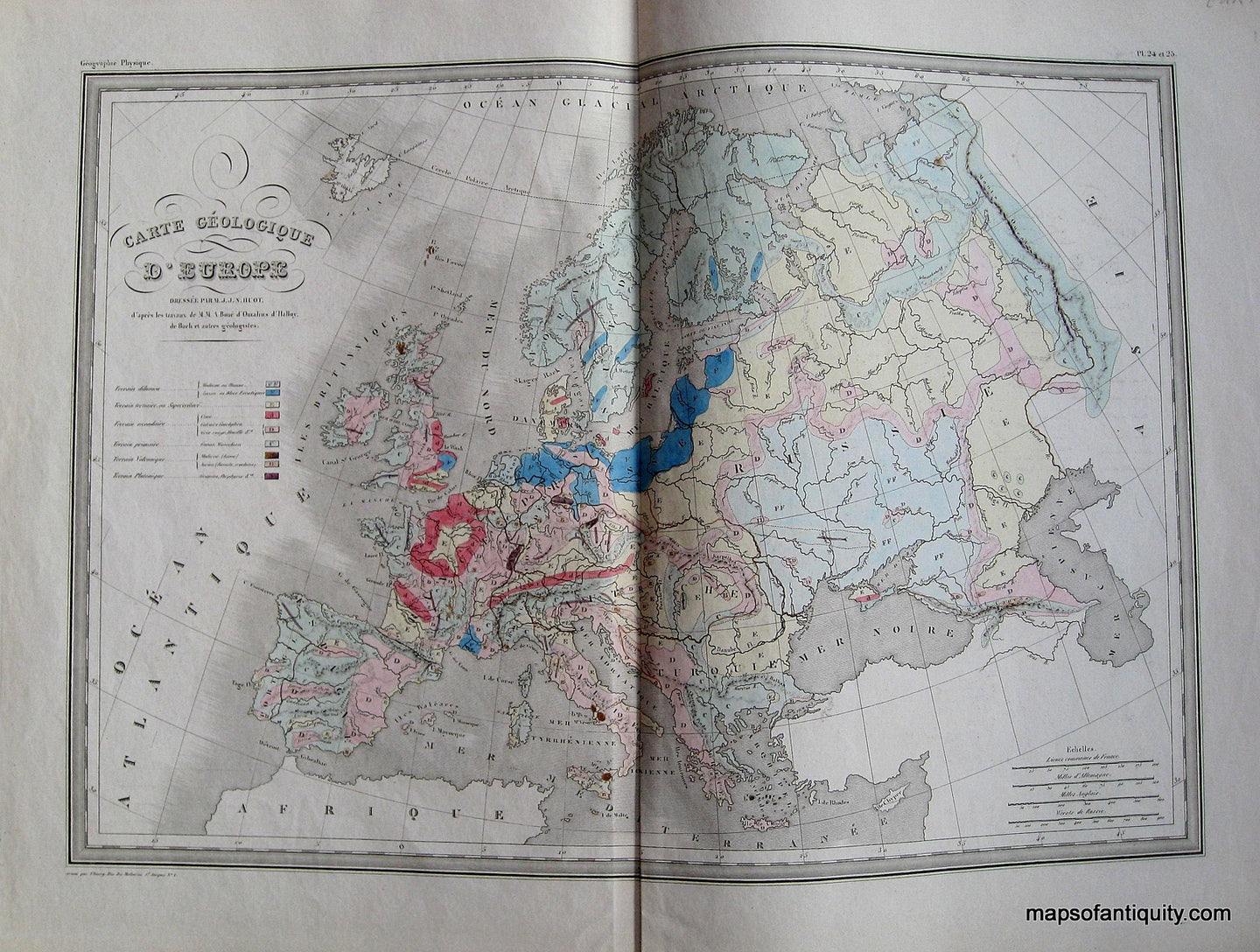 Antique-Hand-Colored-Map-Carte-Geologique-d'Europe.-(Carte-de-grandeur-double.)---1842-Malte-Brun-Maps-Of-Antiquity