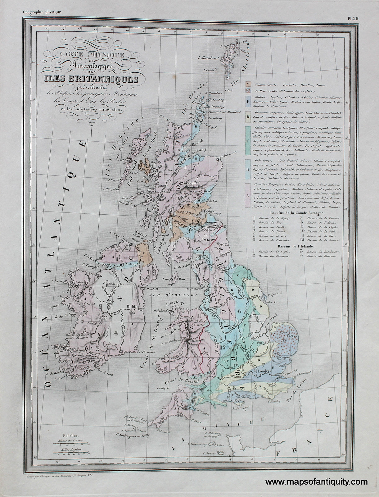 Antique-Hand-Colored-Map-Carte-Physique-et-Mineralogique-des-Iles-Britanniques.--**********-Great-Britain--1842-Malte-Brun-Maps-Of-Antiquity