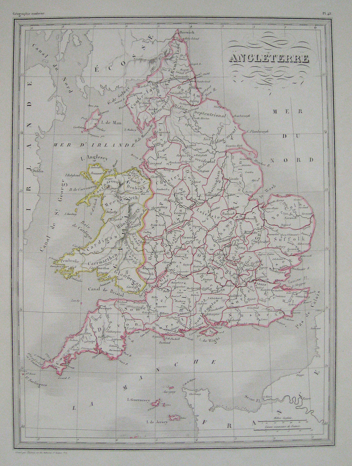 Antique-Hand-Colored-Map-Angleterre--England---avec-les-iles-de-Jersey-et-Guernesey-etc.-England--1842-Malte-Brun-Maps-Of-Antiquity
