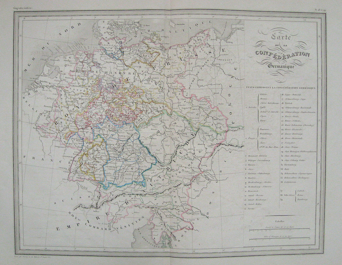 Antique-Hand-Colored-Map-Carte-de-la-Confederation-Germanique---Germany-Germany--1842-Malte-Brun-Maps-Of-Antiquity